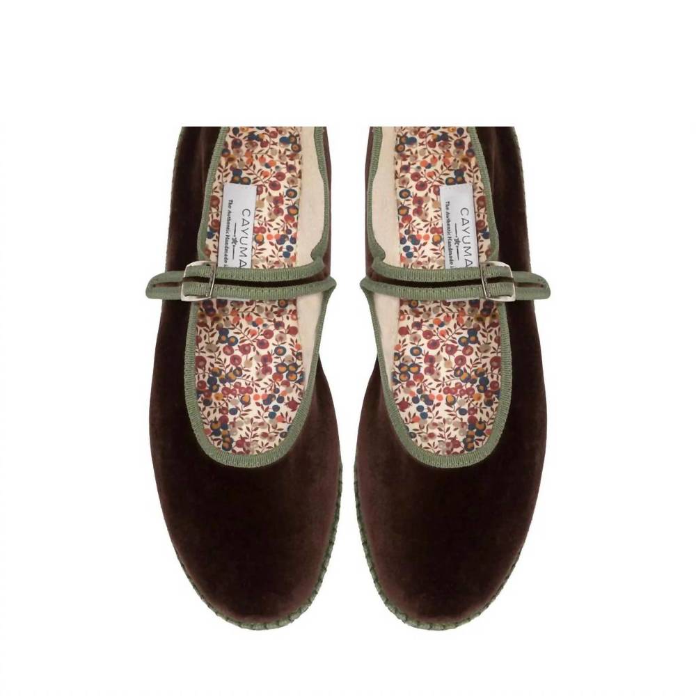 Brown Velvet Flats with Green Trim